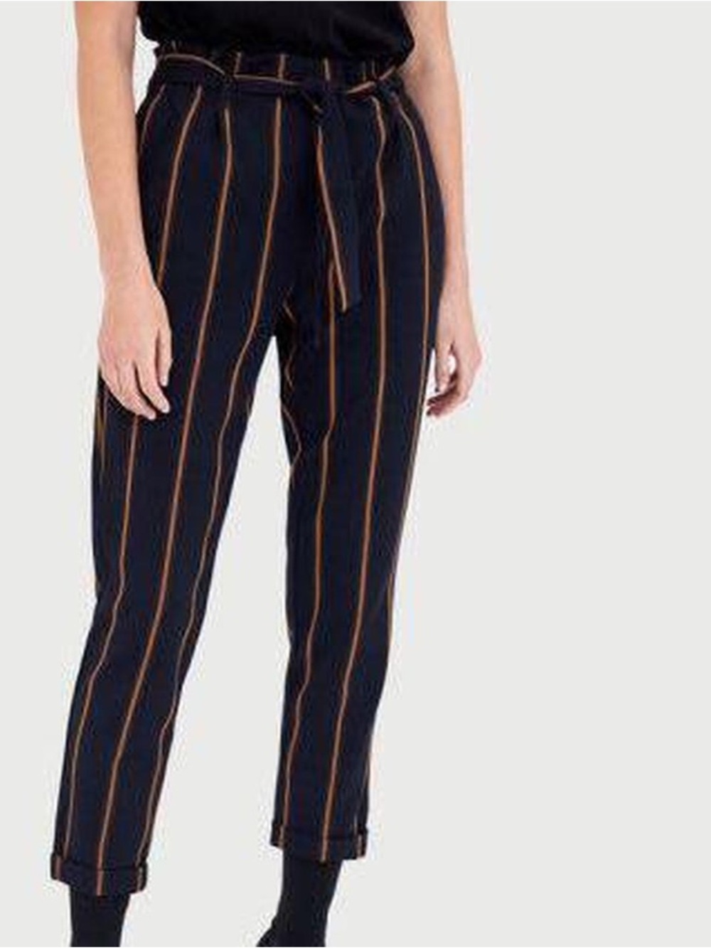 High-Waist Tie-Belt Striped Paperbag Pants - Navy/Camel